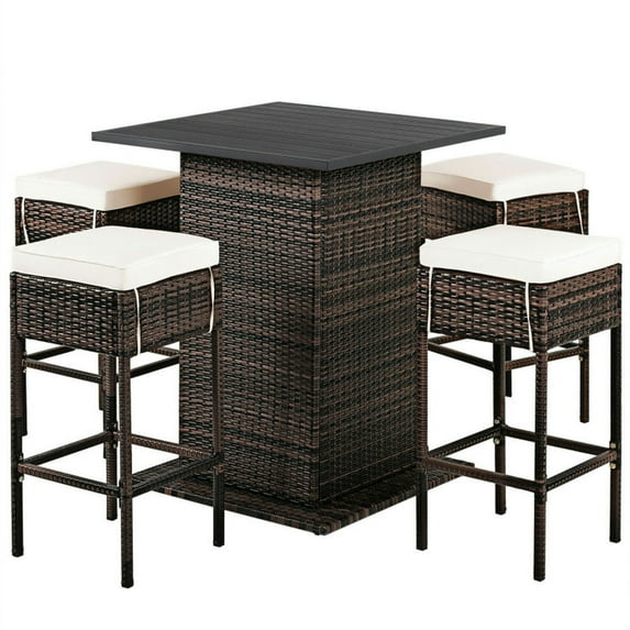 GVN 5 Pieces Patio Rattan Bar Table Stool Set Hidden Storage Shelf Cushioned-White