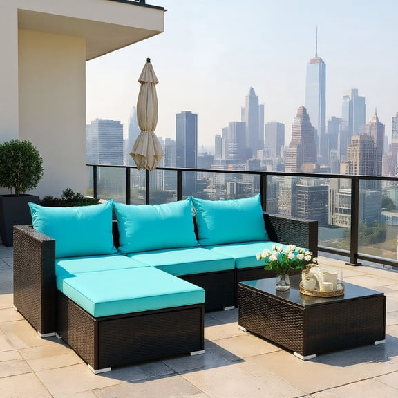 GVN 5 Pieces Patio Rattan Furniture Set with Coffee Table-Turquoise, Outdoor Sofa Sectional , Coffee Table for Patio Back Deck, Balcany, Poolside