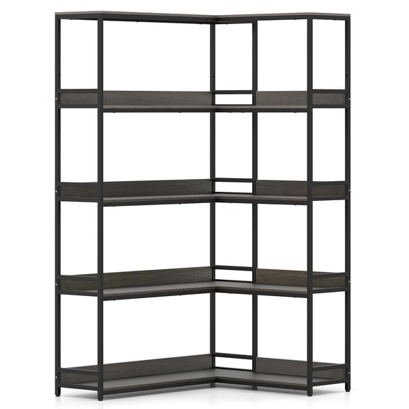 GVN 5-Tier L-Shaped Etagere Bookcase Storage Shelves with Metal Frame, Bookshelf Stand for Living Room, Bedroom, Office Room, Study Room, Oak