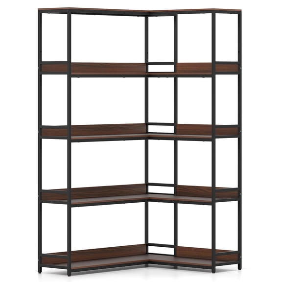 GVN 5-Tier L-Shaped Etagere Bookcase Storage Shelves with Metal Frame, Bookshelf Stand for Living Room, Bedroom, Office Room, Study Room, Walnut