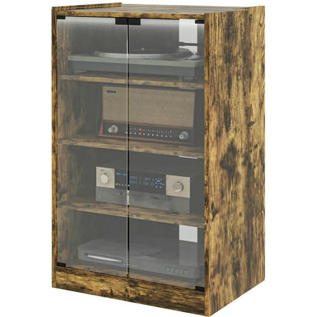 GVN 5-Tier Media Cabinet, Media Stand with Adjustable Shelves, Tempered Glass Doors, and Cable Management, Rustic Brown