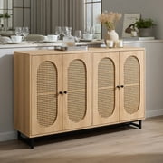 GVN 50Inch Sideboard Buffet Cabinet with 4 Rattan Doors and Adjustable Shelves, Kitchen Buffet Cabinet for Dining Room, Kicthen, Living Room, Restaurant, Natural