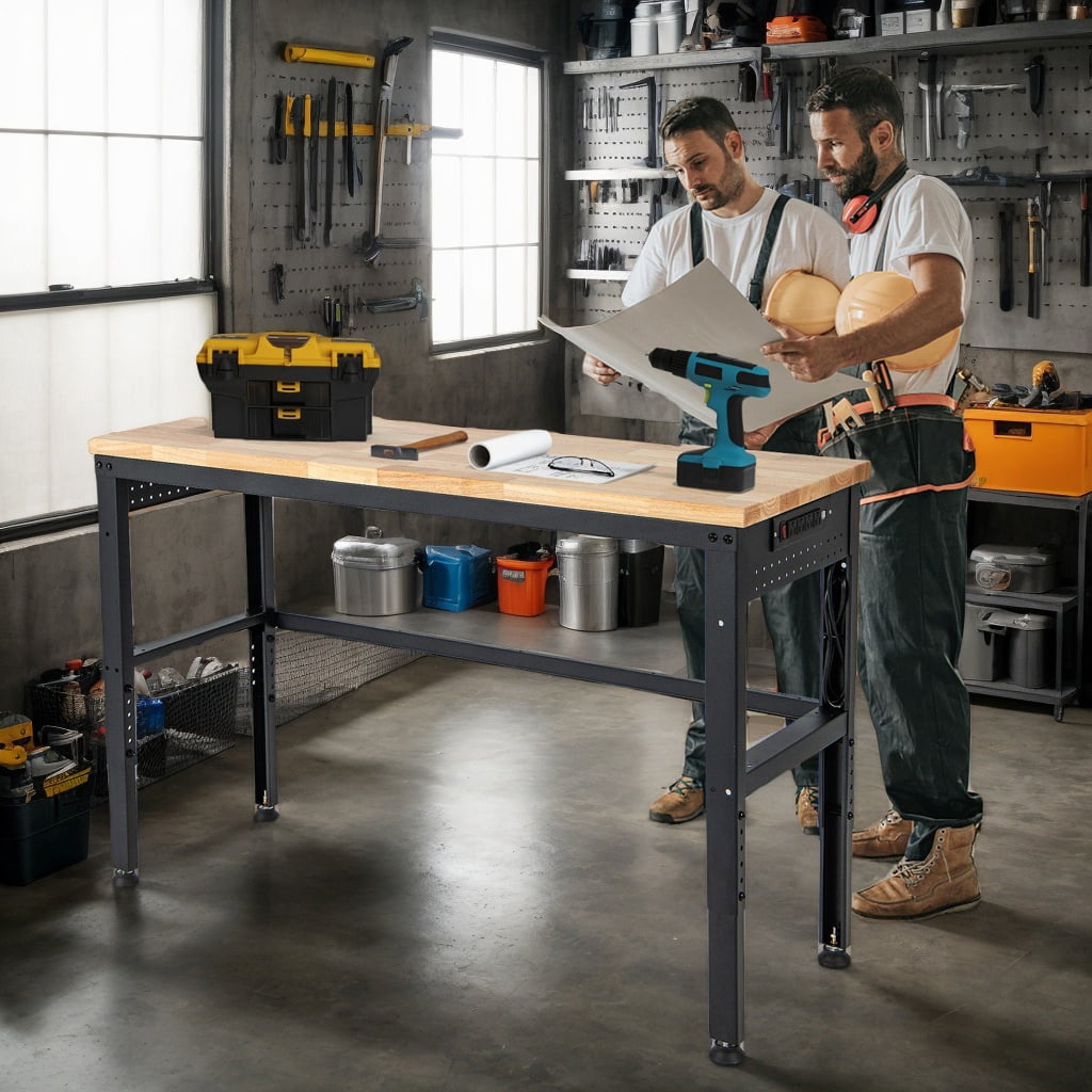 Shop Computer Work Bench GVN 53 Inch Adjustable Heavy-Duty Workbench with Rubber Wood Top, Desk ...