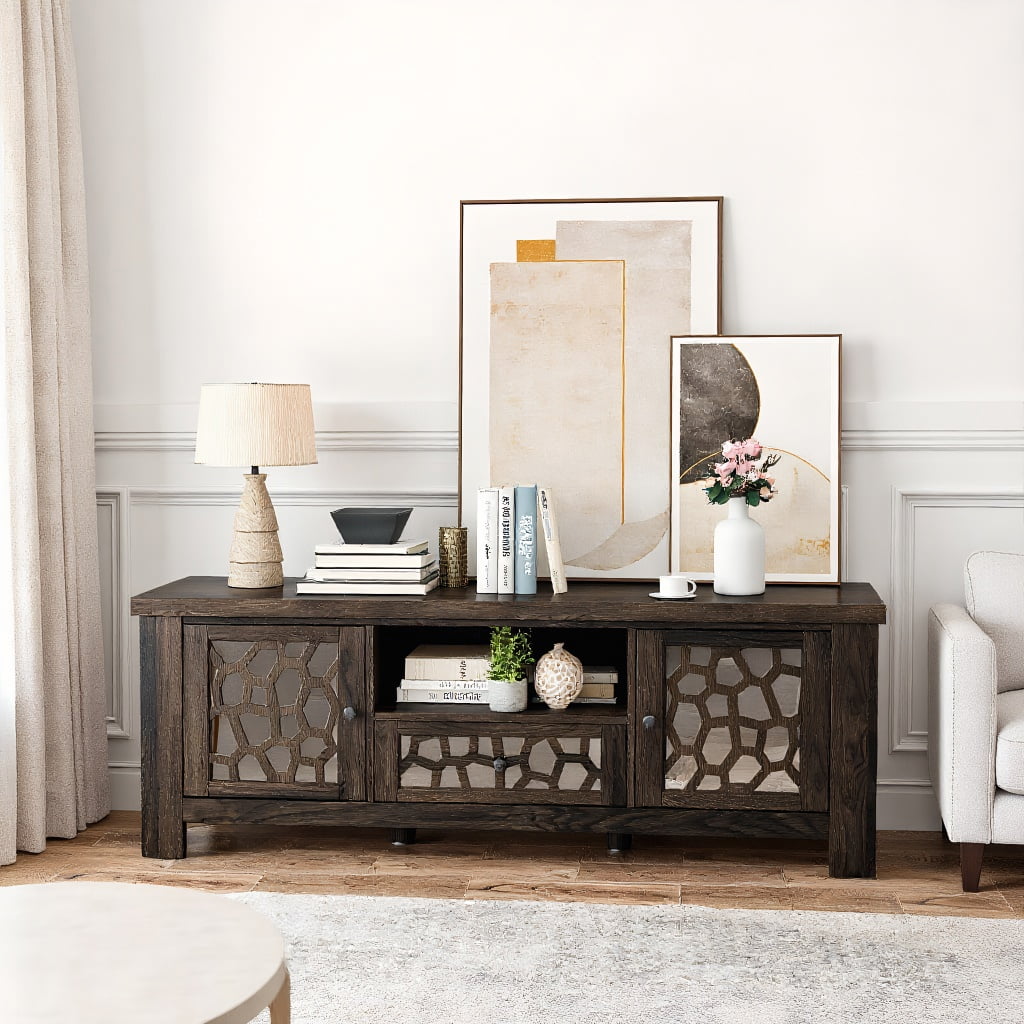 GVN 55 Inch Retro TV Stand Media Entertainment Center with Mirror Doors and Drawer-Dark Brown