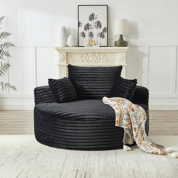 GVN 55"L Corduroy Single Swivel Chair with Foam Cushion, Fluffy Sleeper Design, Full Circle Rotation for Lounge, Black