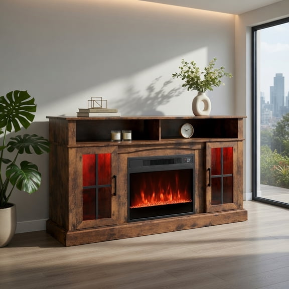 GVN 58 Inch Fireplace TV Stand Media Console with LED Lights Storage Cabinets Glass Doors for Living Room Home Entertainment Center, Rustic Brown