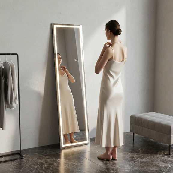 GVN 59*16" Frameless Rectangle Full-Length Mirror with LED Lights, Dimmable Standing Mirror for Bedroom, Living Room, Dorm, Gym, Black