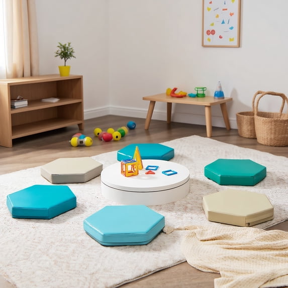 GVN 6 Pieces Multifunctional Hexagon Toddler Floor Cushions Classroom Seating with Handles-Blue, Bedroom Chair for Kids