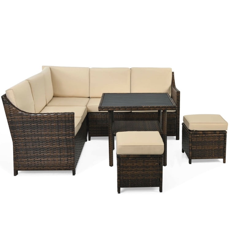 GVN 6 Pieces Patio Rattan Dining Sofa Funiture Set, Outdoor Sofa Sectional , Coffee Table for Patio Back Deck, Balcany, Poolside