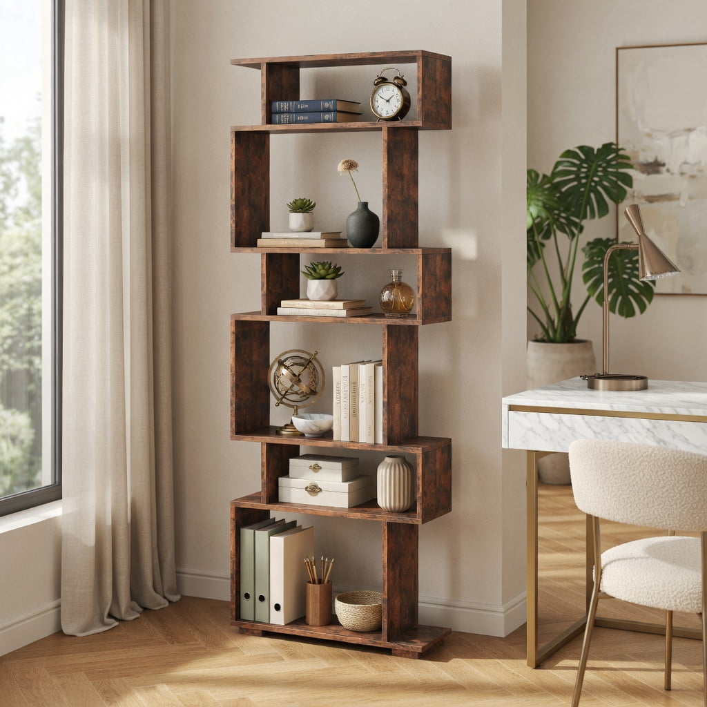 GVN 6-Tier Geometric Open Bookshelf Stylish Modern Display Bookcase with 2 Anti-Tipping Kits Stable Structure for Home Office Study Living Room Storage Furniture, Brown