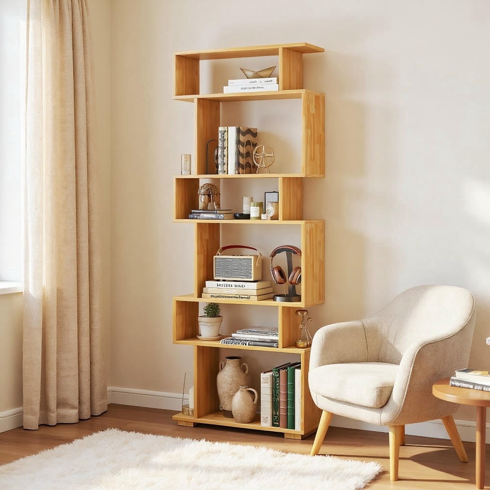GVN 6-Tier Geometric Open Bookshelf Stylish Modern Display Bookcase with 2 Anti-Tipping Kits Stable Structure for Home Office Study Living Room Storage Furniture, Wood