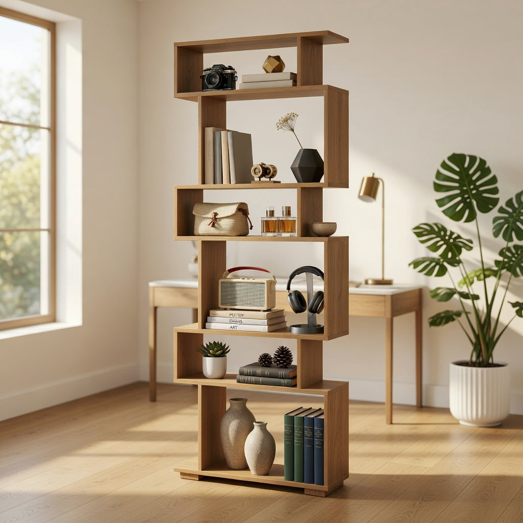 GVN 6-Tier Geometric Open Bookshelf Stylish Modern Display Bookcase with 2 Anti-Tipping Kits Stable Structure for Home Office Study Living Room Storage Furniture, Natural