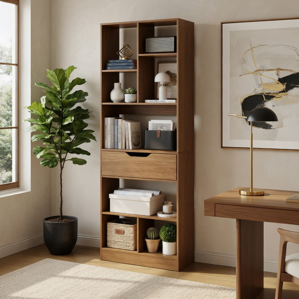 GVN 61inch Tall Freestanding Bookcase 8-Cube Storage Organizer with Drawer Multi-Use Open Shelves for Home Office Study Living Room Books Decor Display, Natural