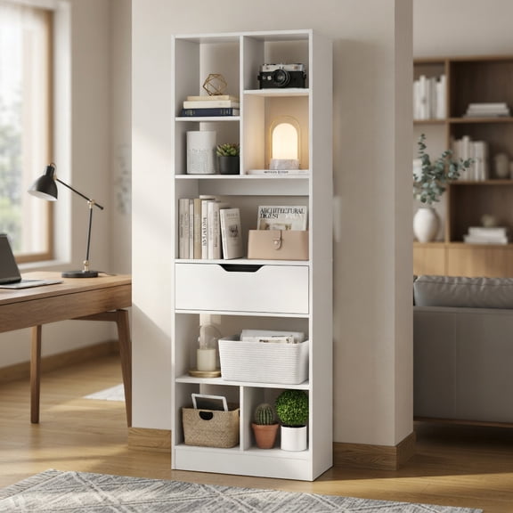 GVN 61inch Tall Freestanding Bookcase 8-Cube Storage Organizer with Drawer Multi-Use Open Shelves for Home Office Study Living Room Books Decor Display, White
