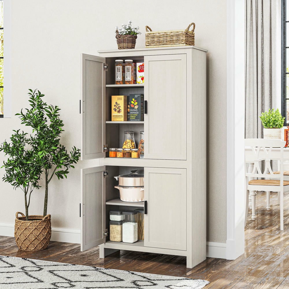 GVN 64" Pantry - Kitchen Pantry Cabinet with 3 Adjustable Shelves and 4-Door, Pantry for Kitchen, Antique White