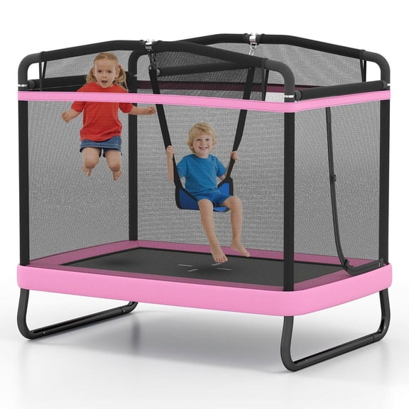 GVN 6FT Small Rectangle Trampoline with Swing and Horizontal Bar, Outdoor Trampoline for Kids, Pink