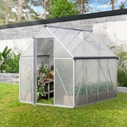 GVN 6x8 FT Polycarbonate Greenhouse, Outdoor Walk-in Green House with Vent Window, Hinged Door, Rain Gutter, Heavy-Duty Aluminum Hot House for Backyard Garden