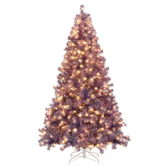 GVN 7.5ft Pre-Lit Artificial Christmas Trees with Lush Branch Tips and Warm White LED Lights, Xmas Decoration Tree for Indoor, Outdoor, Holiday Decor, Deep Purple