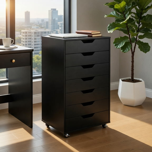 GVN 7-Drawer Chest Wooden Mobile Shelving Unit Organizer Utility Cart with Lockable Wheels, Storage Cart for Home Office, Living Room, Entryway, Black