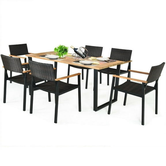 GVN 7 Pieces Outdoor Dining Set with Large Acacia Wood Table Top, Patio Seating Conversation Set, Modern Patio Chair Sectional All Weather Proof for Patio Back Deck