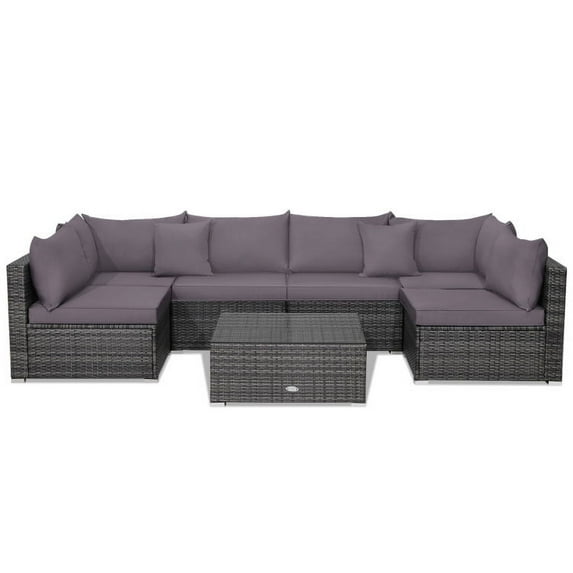 GVN 7 Pieces Patio Rattan Furniture Set Sectional Sofa Garden Cushion-Gray, Outdoor Sofa Sectional , Coffee Table for Patio Back Deck, Balcany, Poolside