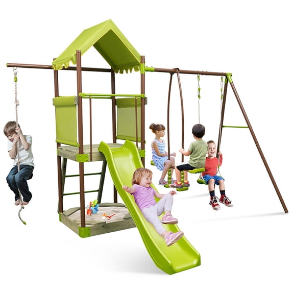 GVN 7-in-1 Outdoor Metal Playset with Covered Fort Sandbox Wave Slide and Climbing Rope-Green