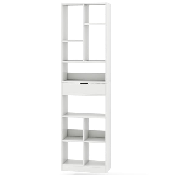 GVN 7-tier Bookcase Storage Shelves with Drawer, 180cm Floor Bookshelf Stand for Living Room, Bedroom, Office Room, Study Room, White