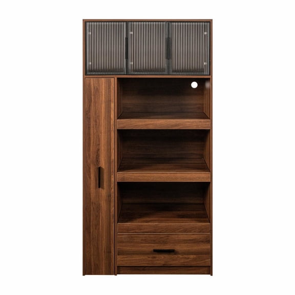 GVN 70.87" Buffet Sideboard Cabinet with Pull-out Multi-tier Storage Shelf and 1 Drawers, Pantry Cabinet with Aluminum Frame Glass Door and Microwave Stand for Dining Room, Brown