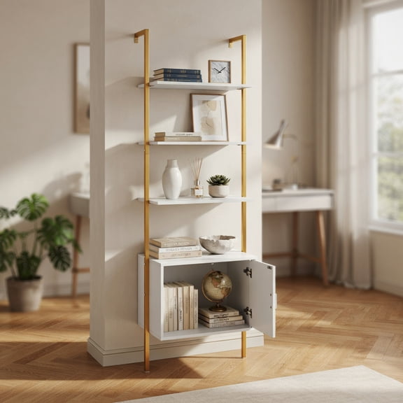 GVN 72.5 Inch Tall Bookcase Storage Shelves with Cabinet Anti-Tipping Kits and Metal Frame, Bookshelf Stand for Living Room, Bedroom, Office Room, Study Room, White