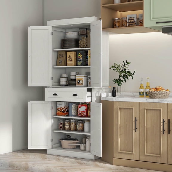 GVN 72.5" Pantry - Kitchen Pantry Cabinet with Doors and Shelves, Pantry for Dining Room, Kicthen, White Wood Grain