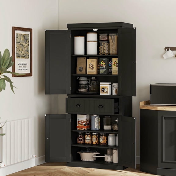 GVN 72" Pantry - Kitchen Pantry Cabinet with 4 Doors and 3 Adjustable Shelves and Large Central Drawer, Pantry for Dining Room, Black