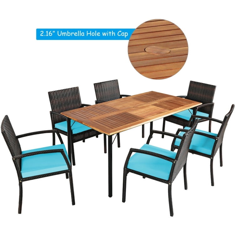 GVN 7Pcs Patio Rattan Cushioned Dining Set with Umbrella Hole-Turquoise, Patio Seating Conversation Set, Modern Patio Chair Sectional All Weather Proof for Patio Back Deck