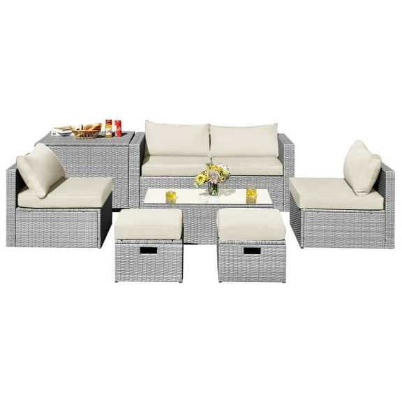GVN 8 Pieces Patio Rattan Furniture Set with Storage Waterproof Cover and Cushion-Off White, Outdoor Sofa Sectional , Coffee Table for Patio Back Deck, Balcany, Poolside