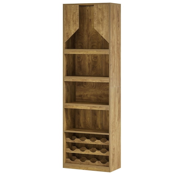 GVN 86.6" Tall Farmhouse Wine Bar Cabinet with Wine Racks and Open Shelves, Coffee Bar Cabinet with Stripe Light for Kitchen, Dining Room, Living Room, Brown