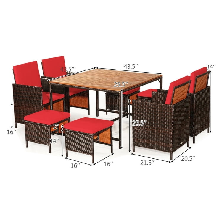 GVN 9 Pieces Patio Rattan Dining Cushioned Chairs Set-Red, Outdoor Sofa Sectional , Coffee Table for Patio Back Deck, Balcany, Poolside