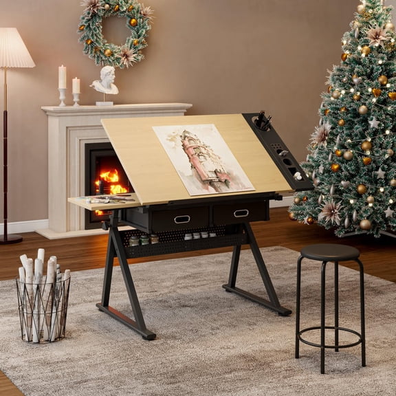 GVN Adjustable Craft Table for Students & Hobbyists with 2 Drawers and Durable Work Surface, Maple