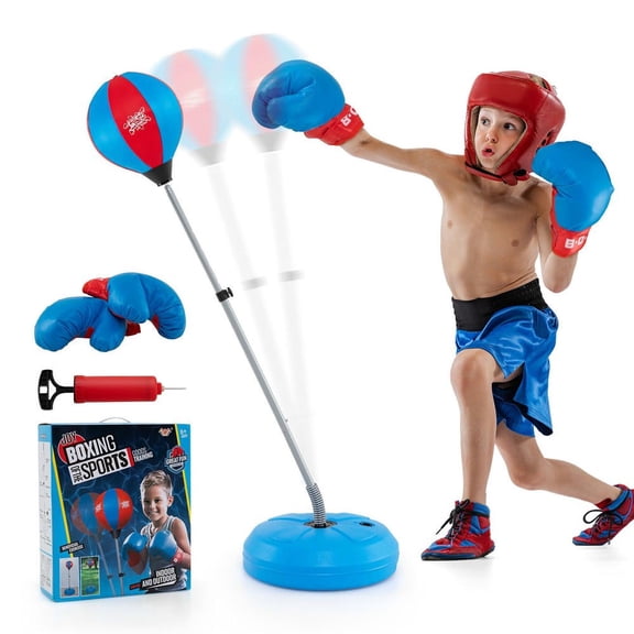 GVN All-in-One Home Boxing Set: Adjustable Punching Bag with Free-Standing Base & Gloves for All Ages, Blue