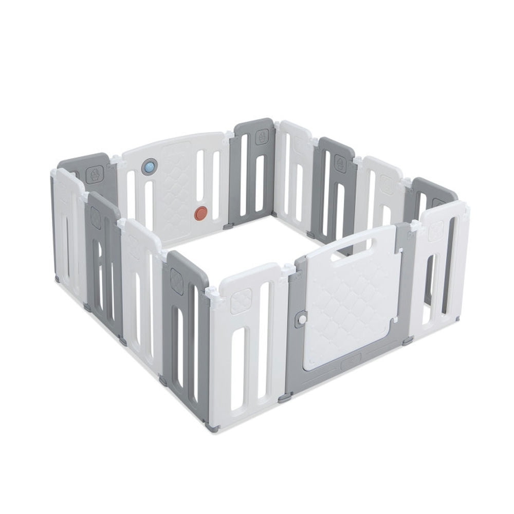 Gray and White 14-Panel Kids Safety Playpen with Drawing Board