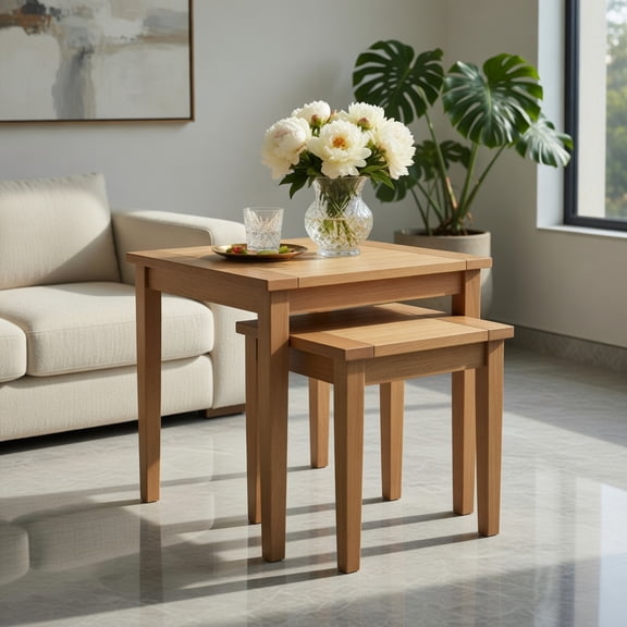 GVN Backyard Coffee Tables,2 Pieces Space Saving Design Teak Wood Outdoor Patio Nesting Table