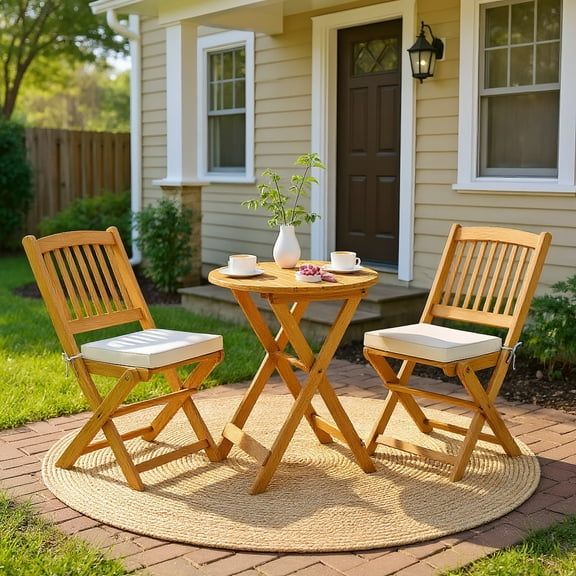 GVN Backyard Furniture Sets,Outdoor Furniture Sets,3 Pieces Acacia Wood Patio Folding Bistro Set with Soft Cushions-Beige