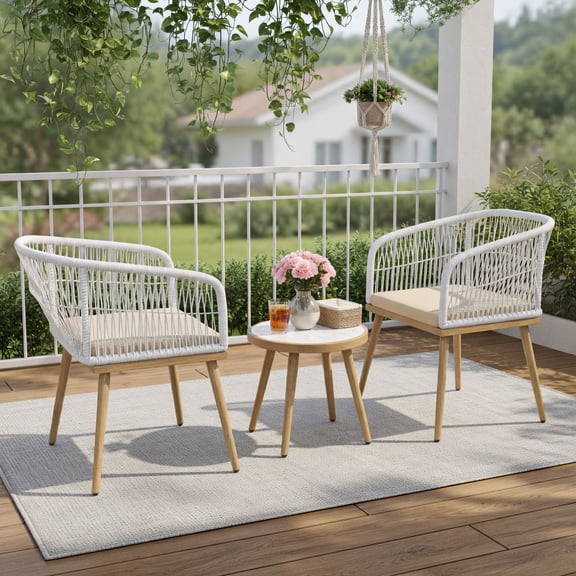 GVN Backyard Furniture Sets,Outdoor Furniture Sets,3 Pieces Outdoor Bistro PE Wicker Conversation Furniture Set-White