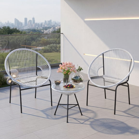 GVN Backyard Furniture Sets,Outdoor Furniture Sets,3 Pieces Patio Acapulco Furniture Bistro Set with Glass Table-White