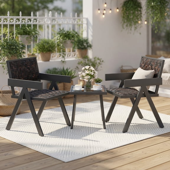 GVN Backyard Furniture Sets,Outdoor Furniture Sets,3 Pieces Patio PE Wicker Bistro Set with Quick-Drying Foam-Black