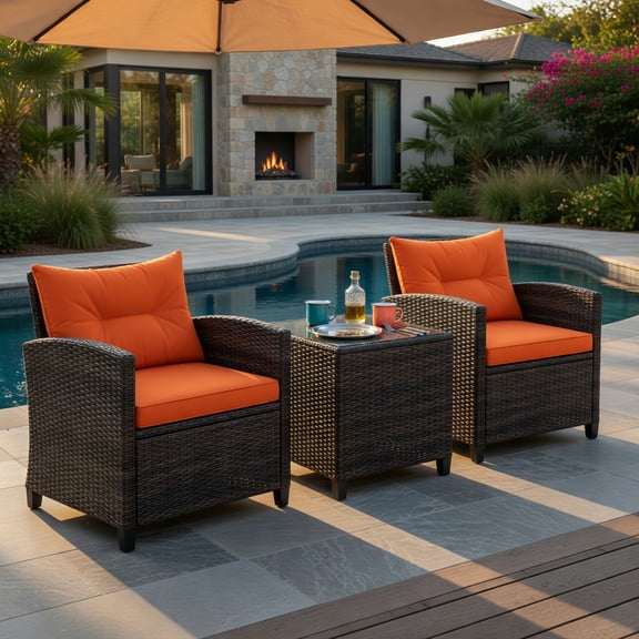GVN Backyard Furniture Sets,Outdoor Furniture Sets,3 Pieces Rattan Patio Furniture Set with Washable Cushion-Orange
