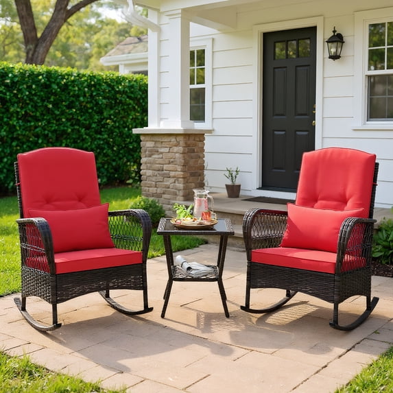 GVN Backyard Furniture Sets,Outdoor Furniture Sets,3 Pieces Rocking Bistro Set with 2-Tier Coffee Table-Red