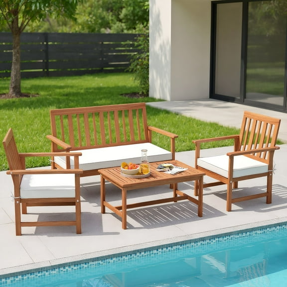 GVN Backyard Furniture Sets,Outdoor Furniture Sets,4 Pieces Acacia Wood Furniture Set with Seat Cushions and Robust Wood Frame-White