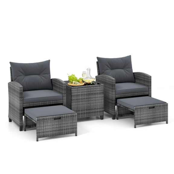 GVN Backyard Furniture Sets,Outdoor Furniture Sets,5 Piece Patio Rattan Furniture with 2 Ottomans and Tempered Glass Coffee Table-Gray