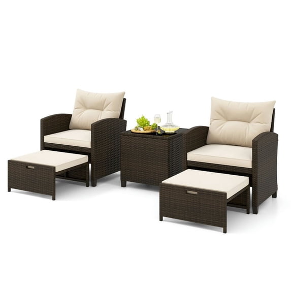 GVN Backyard Furniture Sets,Outdoor Furniture Sets,5 Pieces Patio Rattan Furniture with 2 Ottomans and Tempered Glass Coffee Table-Beige