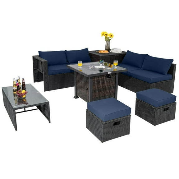 GVN Backyard Furniture Sets,Outdoor Furniture Sets,9 Pieces Patio Furniture Set with 32” Fire Pit Table and 50000 BTU Square Propane Fire Pit-Navy