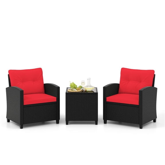 GVN Backyard Furniture Sets,Outdoor Lounge Sets,3 Pieces Patio Furniture Set with Tempered Glass Coffee Table-Red